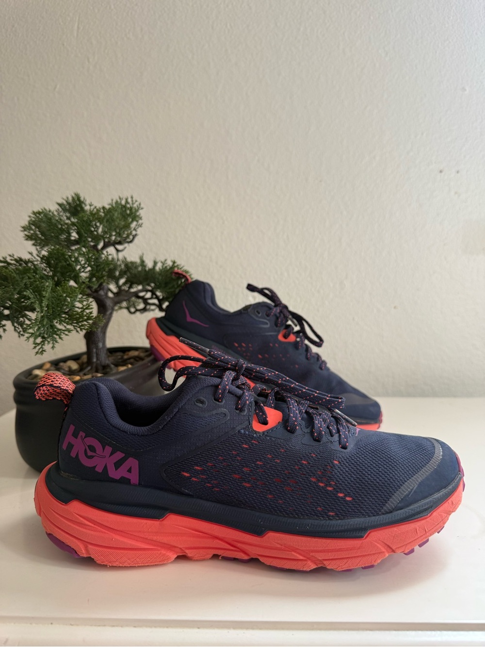 Hoka Challenger ATR 6 women size 6 Navy and Coral Trail Running Shoes